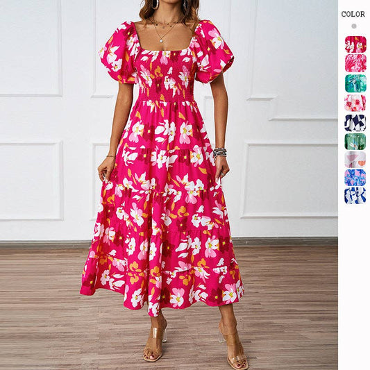 Elegant Off-Shoulder Floral Puffy Sleeve Bubble Dress