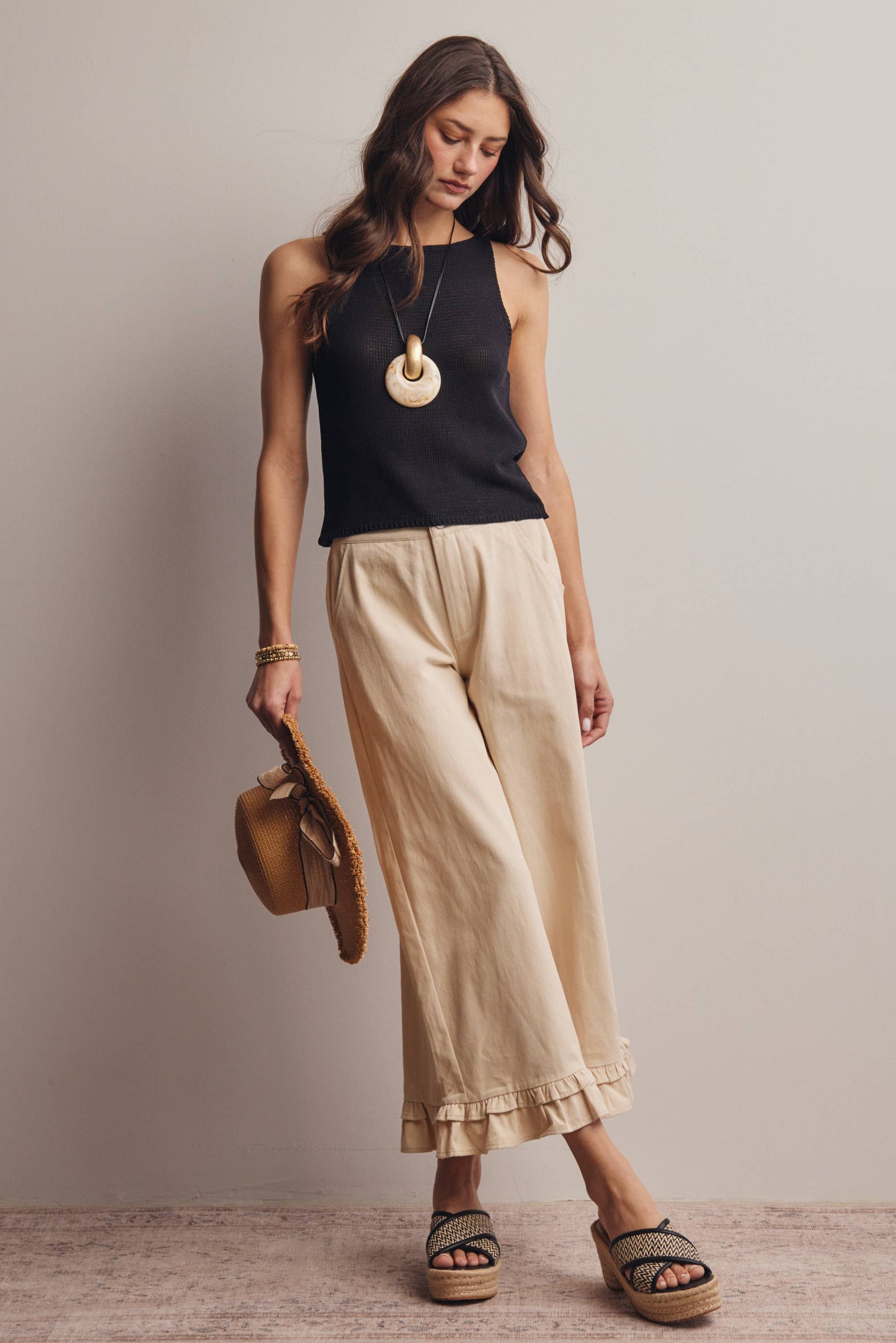 Ruffle Hem Wide-Leg Pants