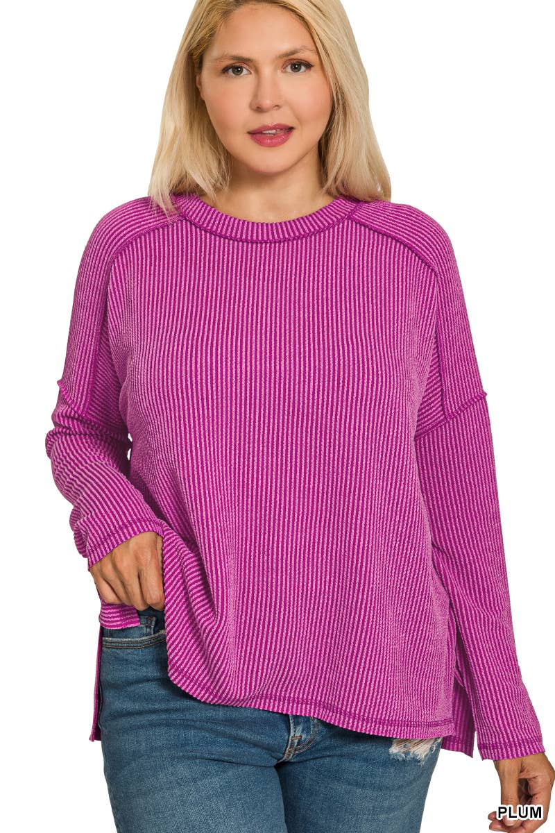 Plus Raised Rib Raw Edge Boat Neck Long Sleeve Top
