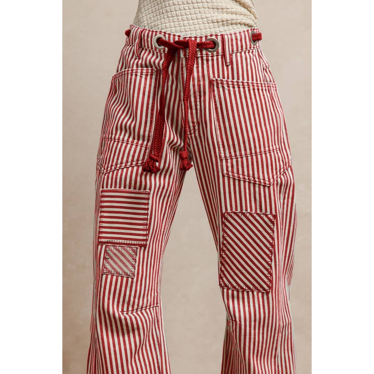 STRIPED TWILL BARREL PANTS