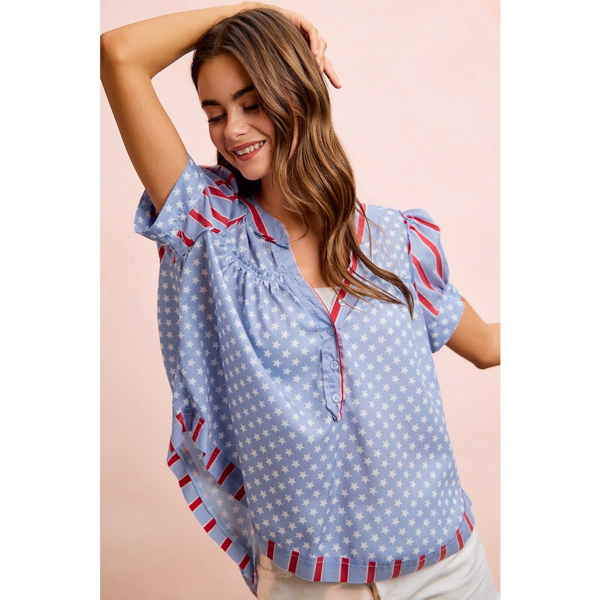 4TH OF JULY STRIPES AND STARS PUFF SLEEVES TOP