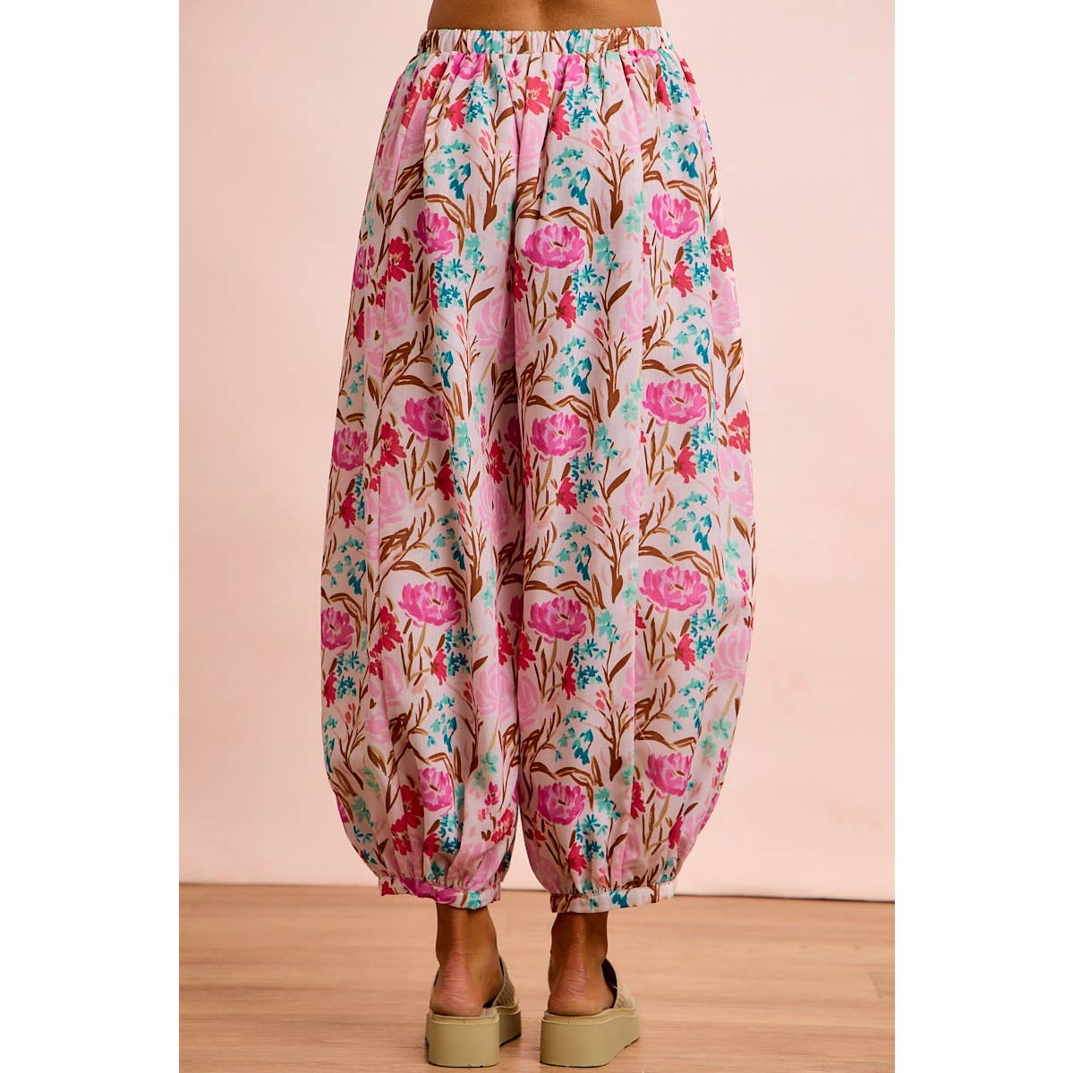 FLOWER PRINTED ELASTIC WAIST BALLOON PANTS