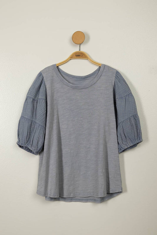 Mineral Washed Puff Sleeve Top