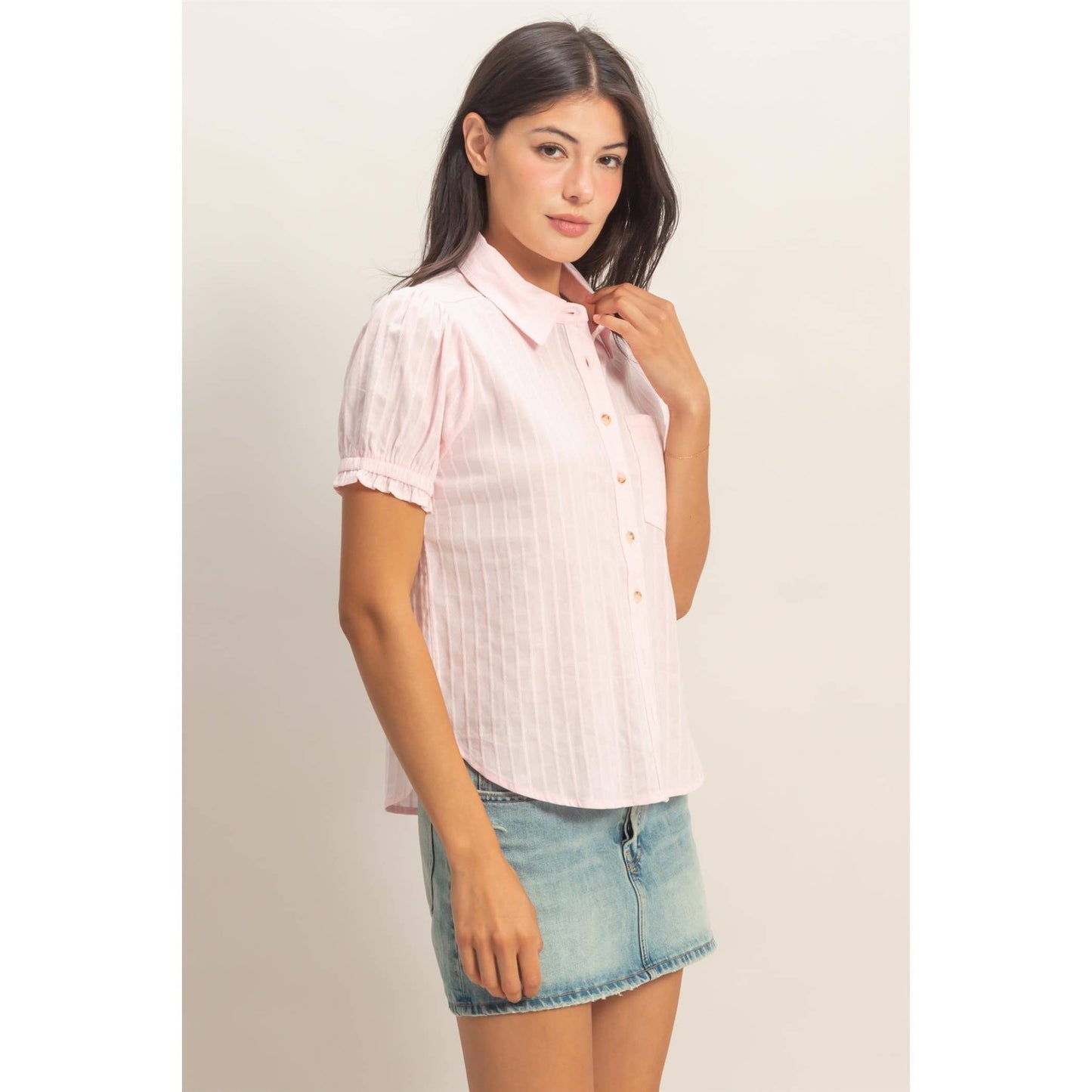 Button-Up Puff Short Sleeve Shirt