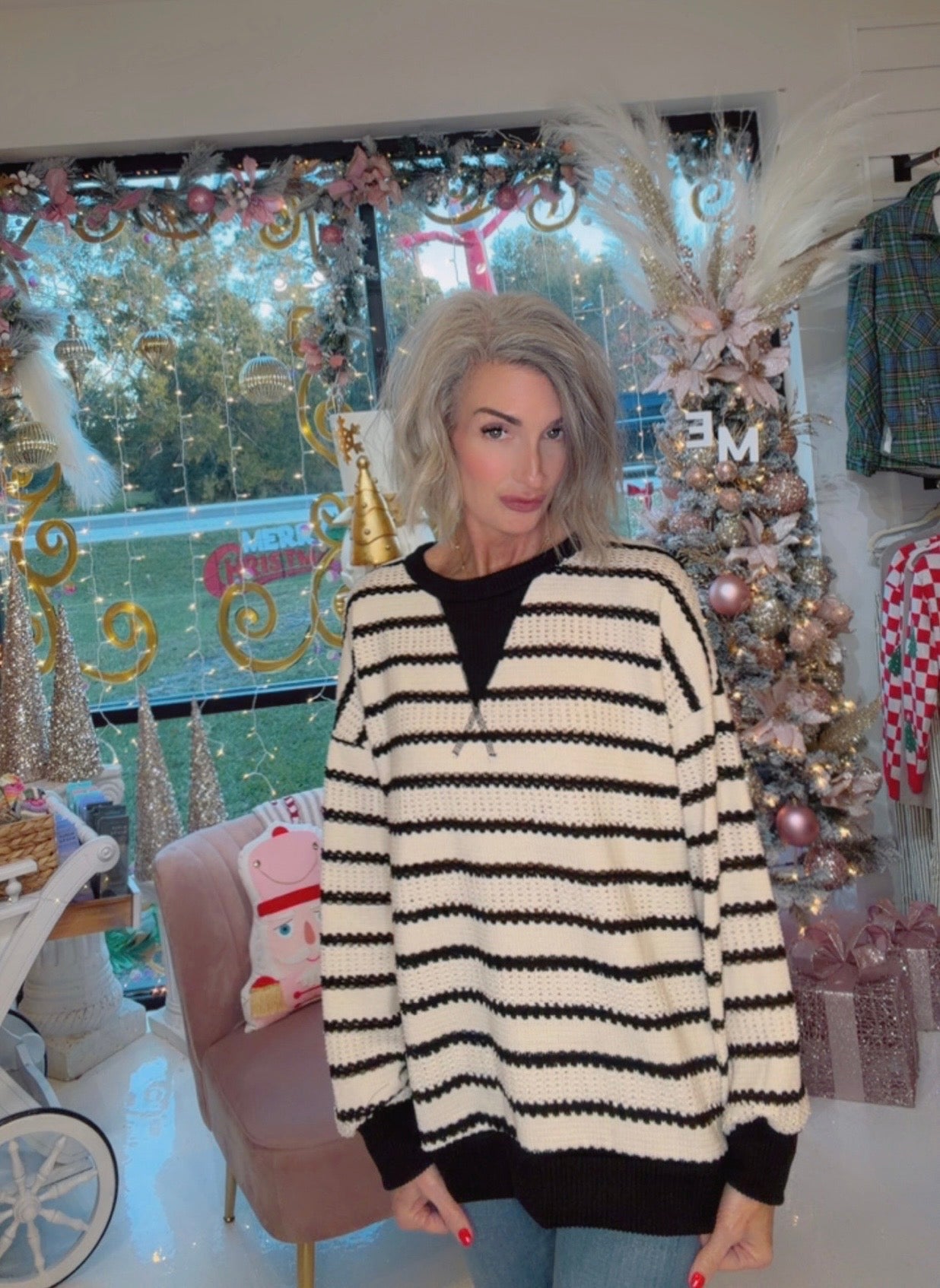 Loose Fit Striped Knit Pullover Sweater