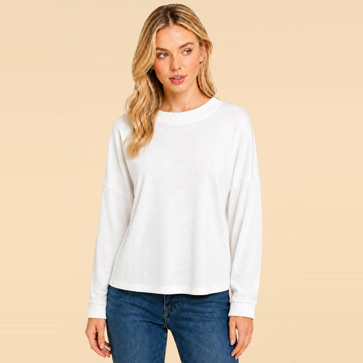 Women's Ribbed Trim Long Sleeve Pullover Top