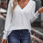 Solid V-neck Loose Long Sleeve Button Top