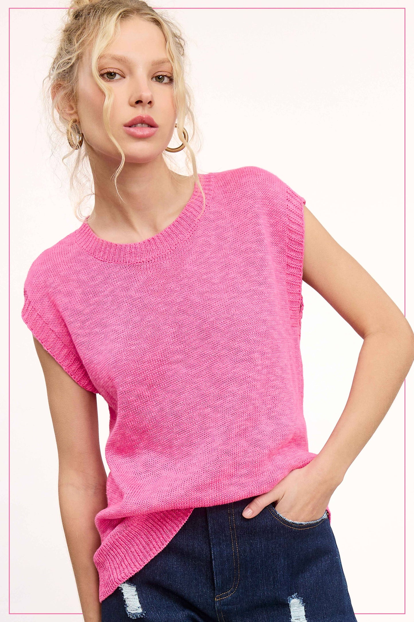 Loose Fit Sleeveless Ribbed Knit Crew Neck Top