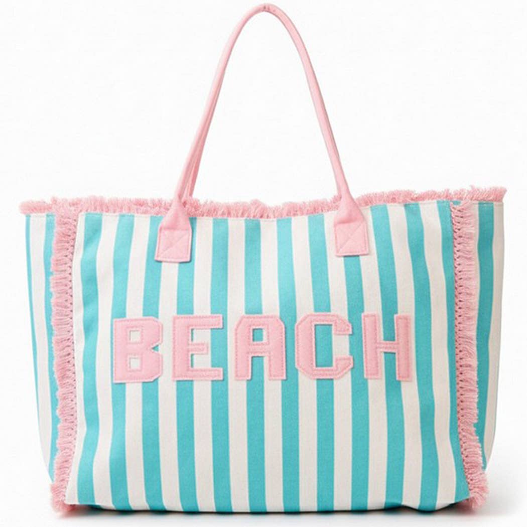 Embroidered Beach Letter Terry Cloth Frayed Striped Tote Ba