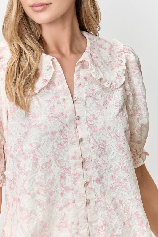 FLORAL LACE BUTTON UP COLLAR TOP