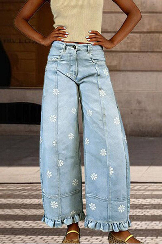 Daisy Print Ruffle Hem Wide Leg Pants