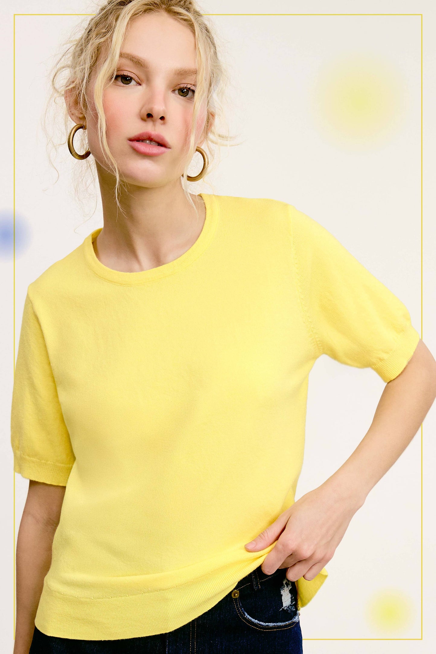 Soft Short Puffy Sleeve Basic Stretchy Knit Top