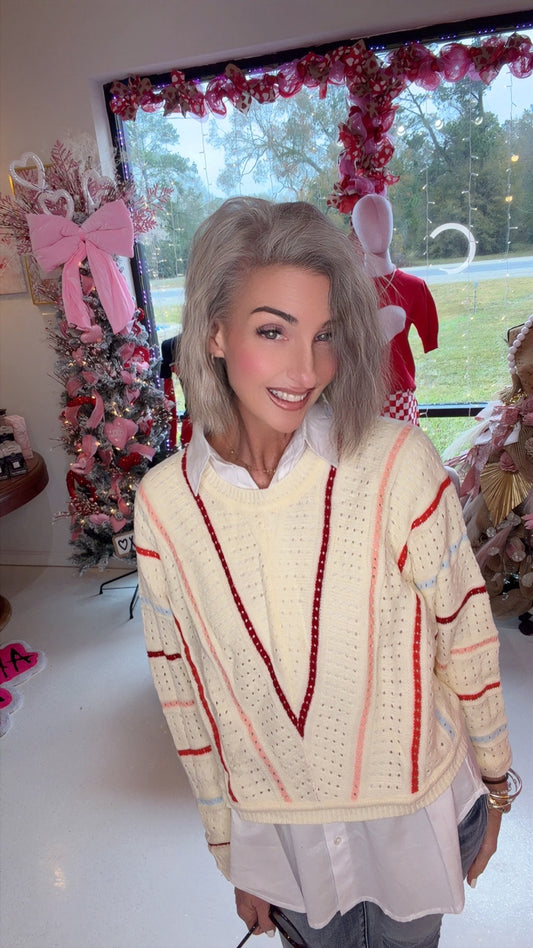 Striped Chevron Open Knit Sweater