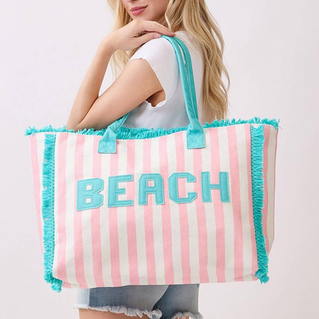 Embroidered Beach Letter Terry Cloth Frayed Striped Tote Ba