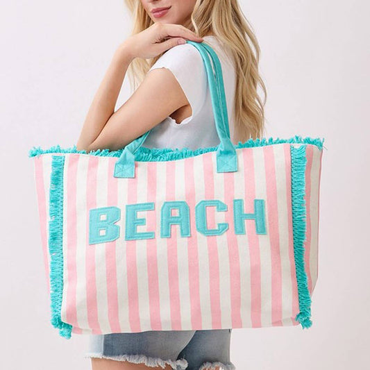 Embroidered Beach Letter Terry Cloth Frayed Striped Tote Ba