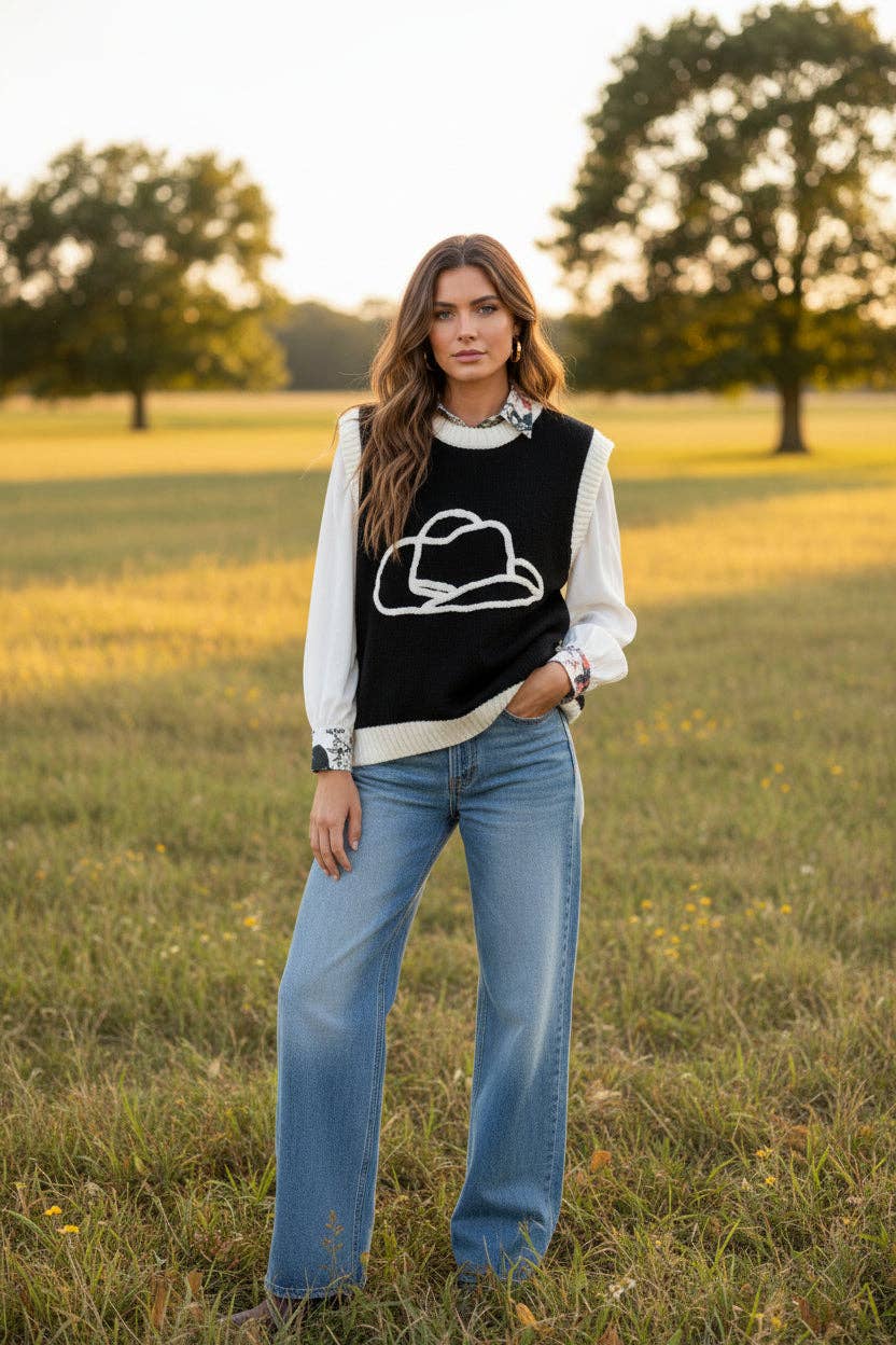 IVORY  HAT BLACK BODY VNECK SWEATER