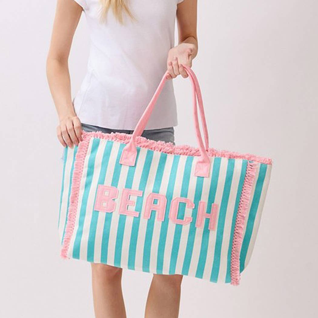 Embroidered Beach Letter Terry Cloth Frayed Striped Tote Ba