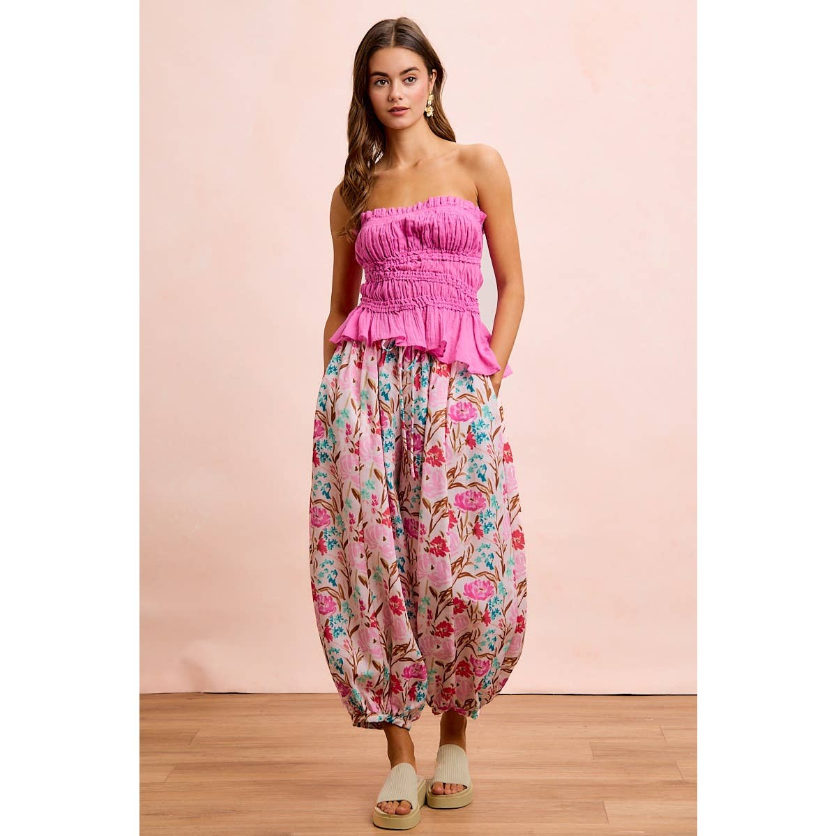 FLOWER PRINTED ELASTIC WAIST BALLOON PANTS