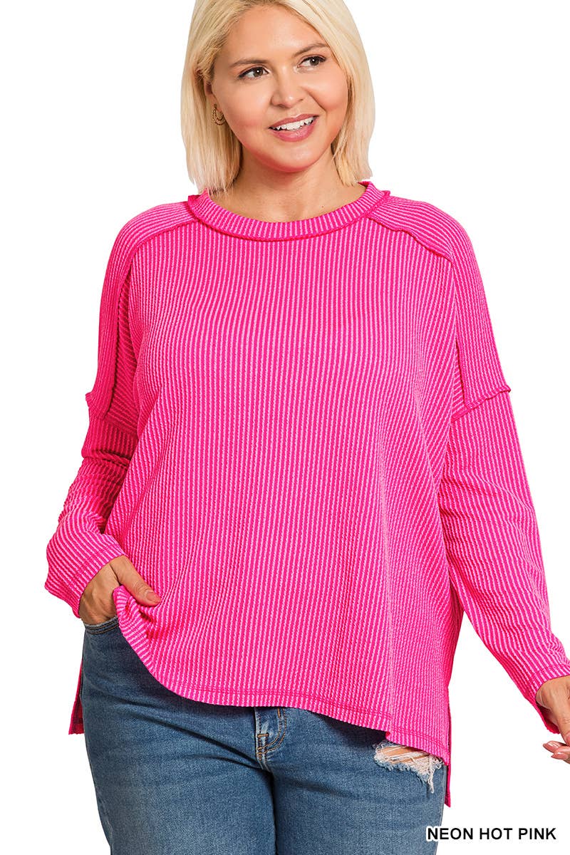 Plus Raised Rib Raw Edge Boat Neck Long Sleeve Top