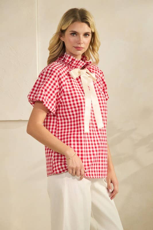 Gingham Check Puff Sleeve Top