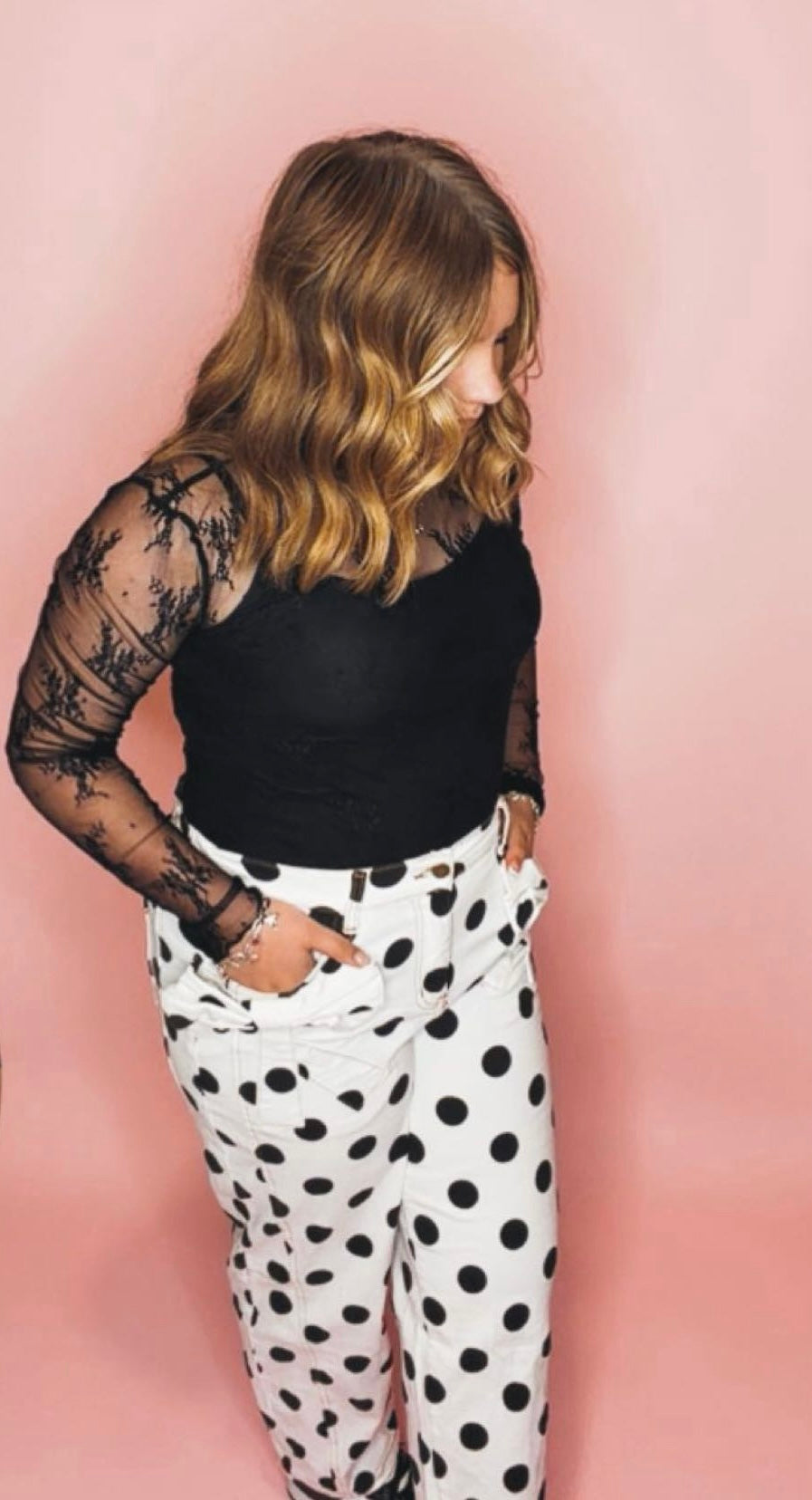 Polka Dot Print Bow Detail Pocketed Denim Pants