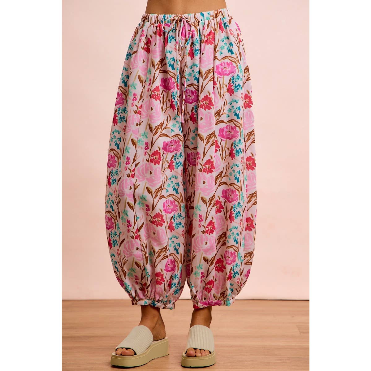 FLOWER PRINTED ELASTIC WAIST BALLOON PANTS