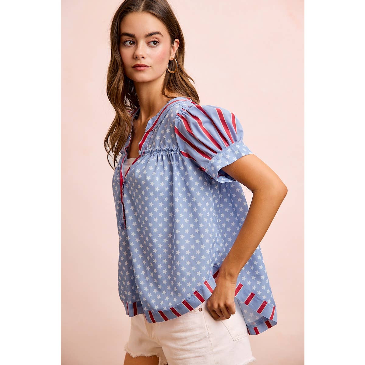 4TH OF JULY STRIPES AND STARS PUFF SLEEVES TOP