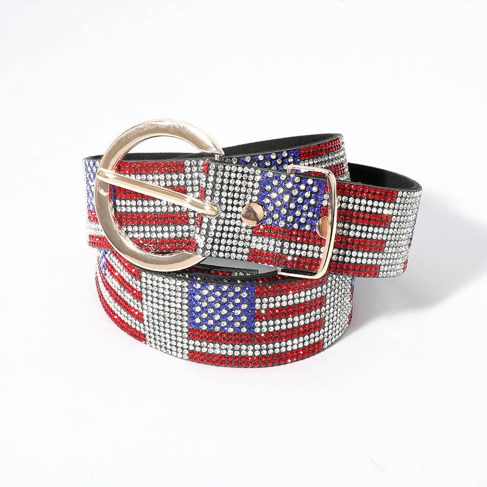 Bling Studded American USA Flag Patterned Belt