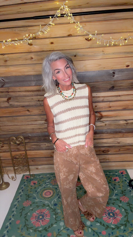 -Chunky Striped Crew Mock Neck Sleeveless Sweater Top