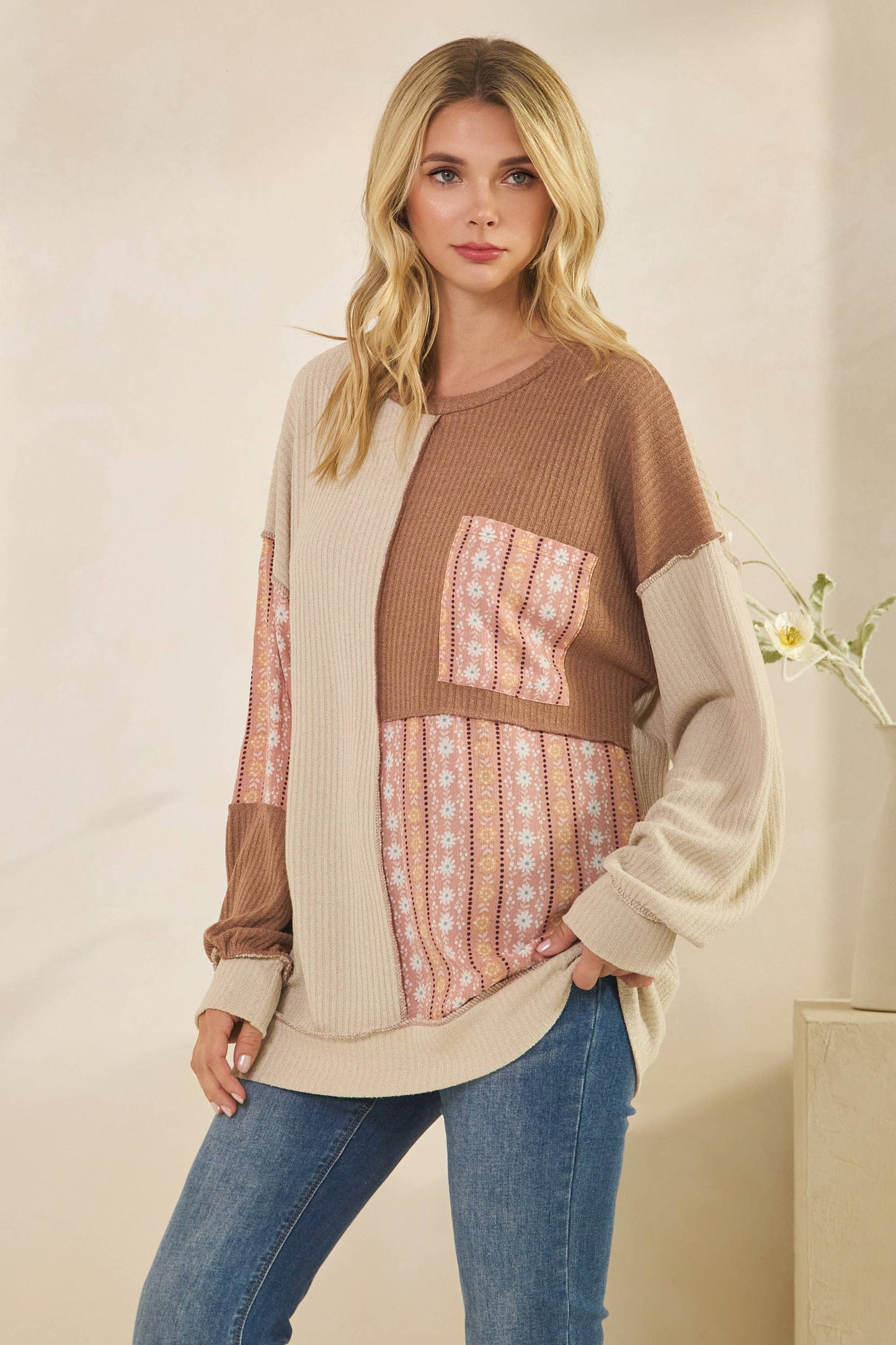 Color Block Floral Patchwork Pullover Top