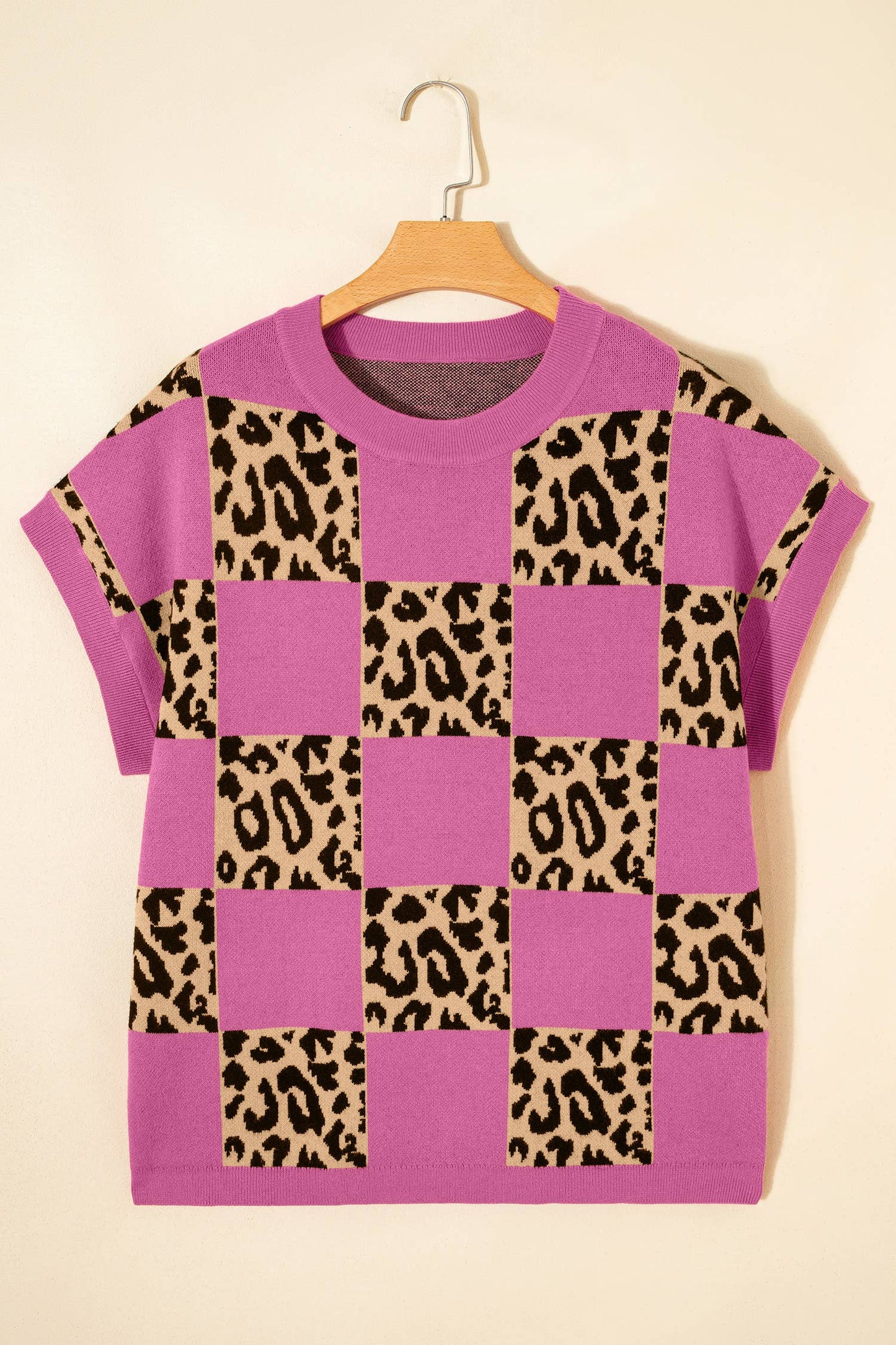 66Plus Size Leopard Checkerboard Short Sleeve Sweater
