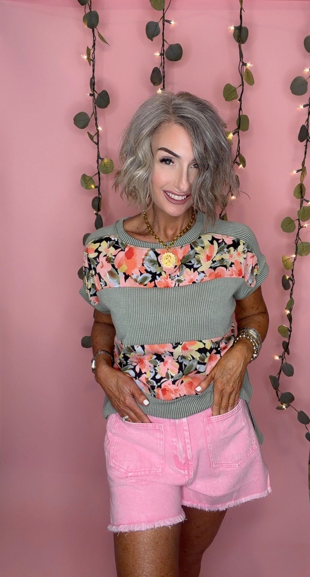 Rib Knit Floral Contrast Panel Short Sleeve Top