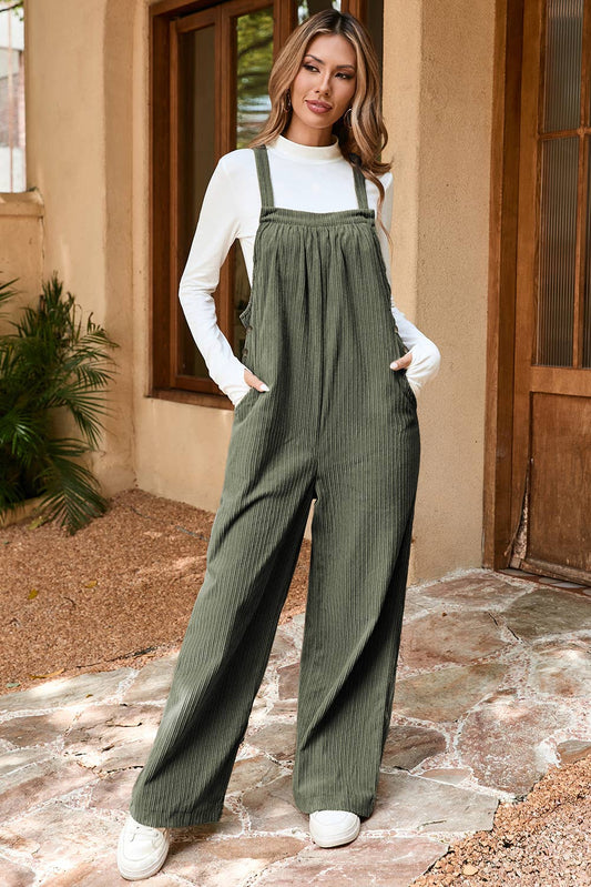 Solid Pocketed Loose Fit Corduroy Overall