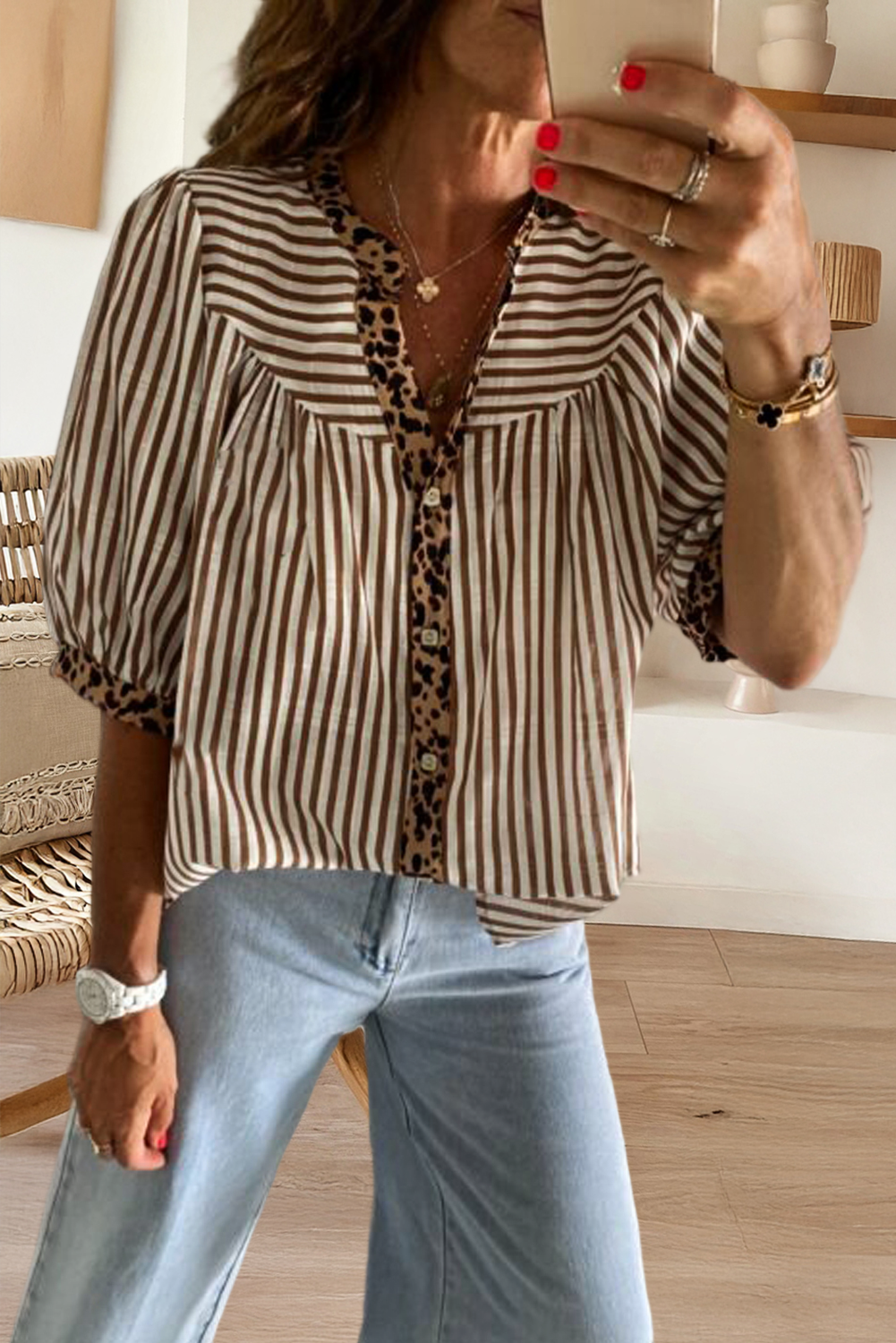 Leopard Trim Button Down Stripe Half Sleeve Shirt