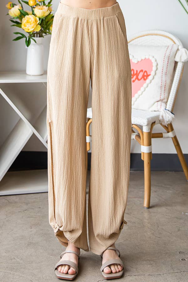 Lightweight Crinkle Ankle Tie Split Side Flowy Pants  P5047