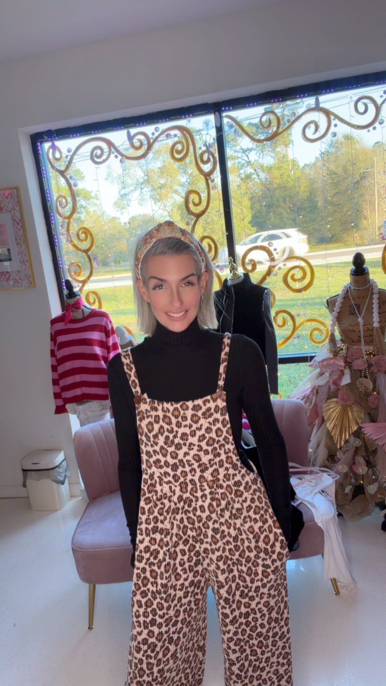 Leopard Print Wide Leg Overall Jumpsuit