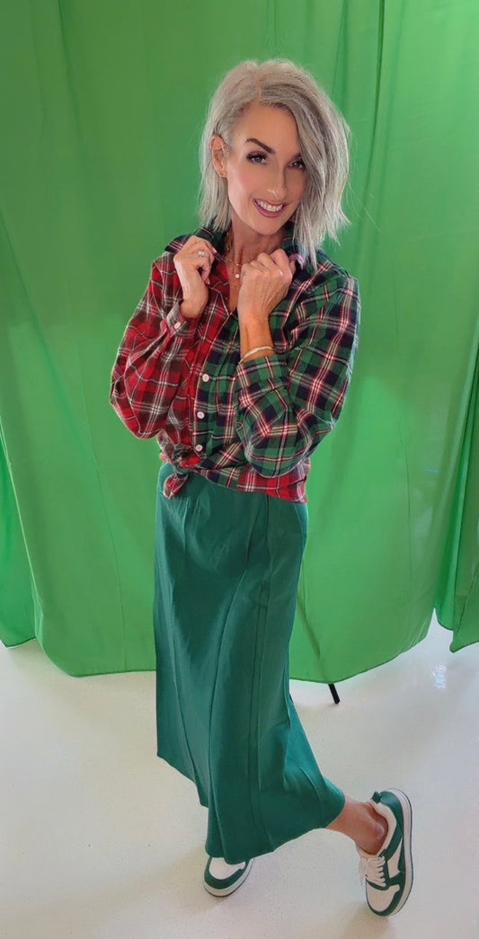 Christmas Color Block Plaid Checkered Button Shirt