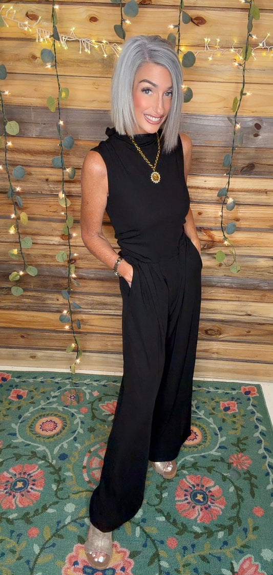 Sleeveless High Neck Pleated Rib Jumpsuit