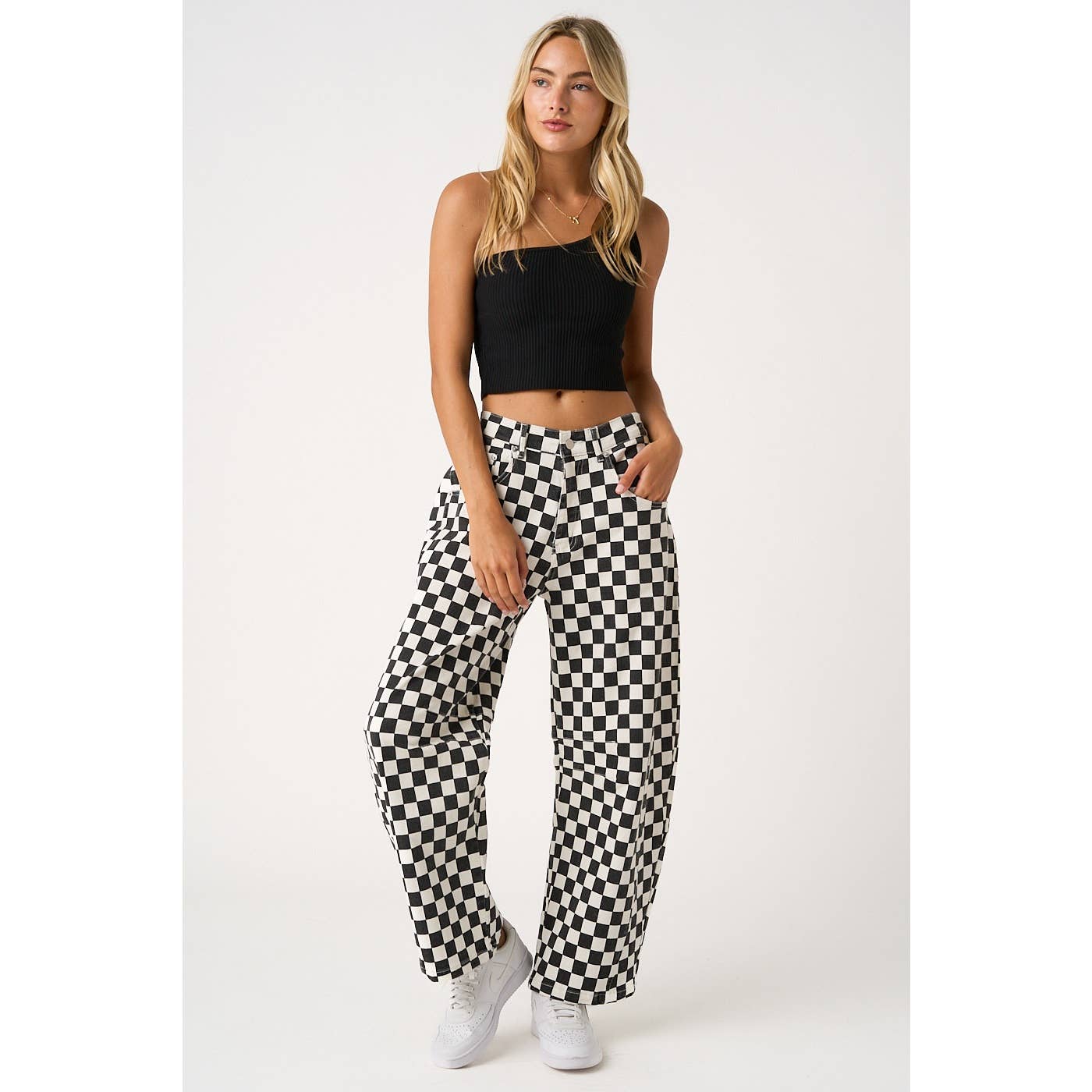 GAME DAY CHECKERED ELASTIC WAIST BARREL PANTS