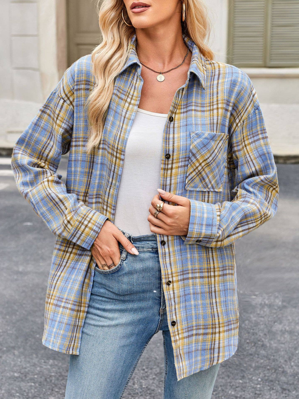 Plaid Button Down Long Sleeve Shirt for Women