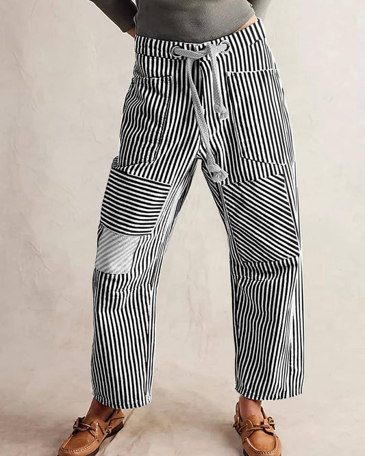 Fashion Mid-Rise Casual Striped Drawstring Wide-Leg Pants