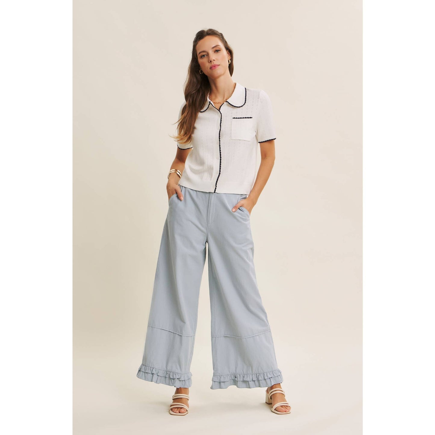 DREAMY STATEMENT COTTON WASHED WIDE-LEG PANTS WITH RUFFLES