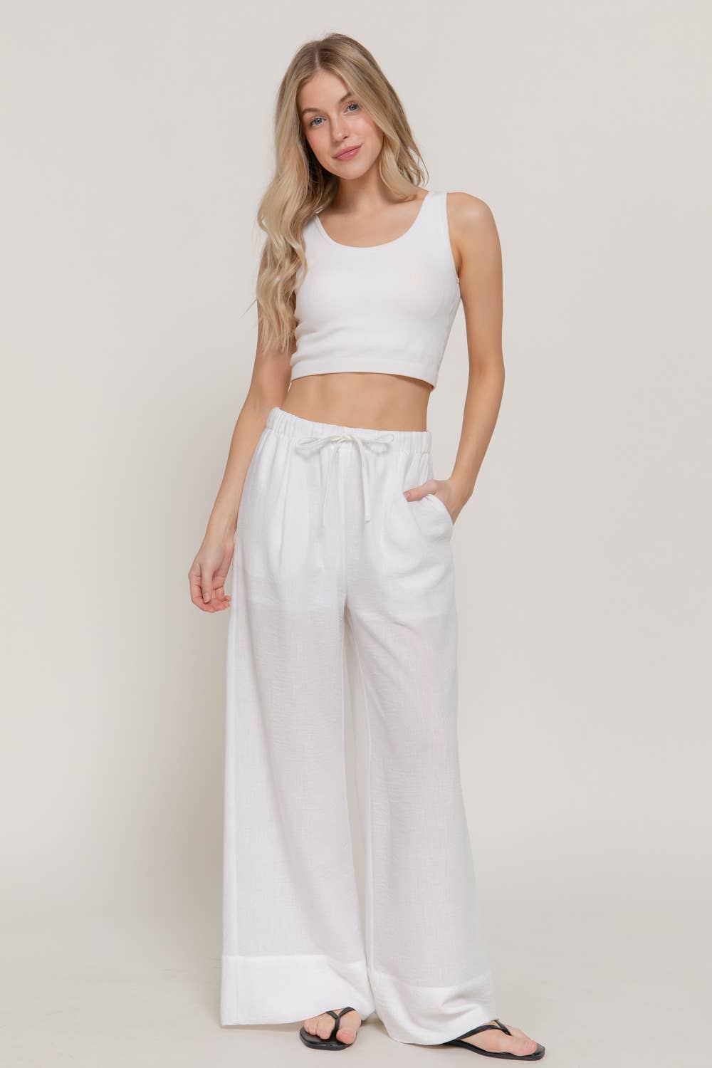 Waist Band With String Linen Effect Palazzo Pants
