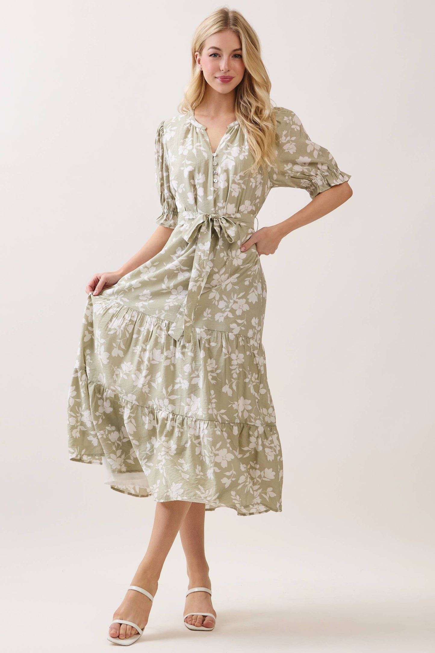 V NECK WAIST TIE TIERED MIDI DRESS -