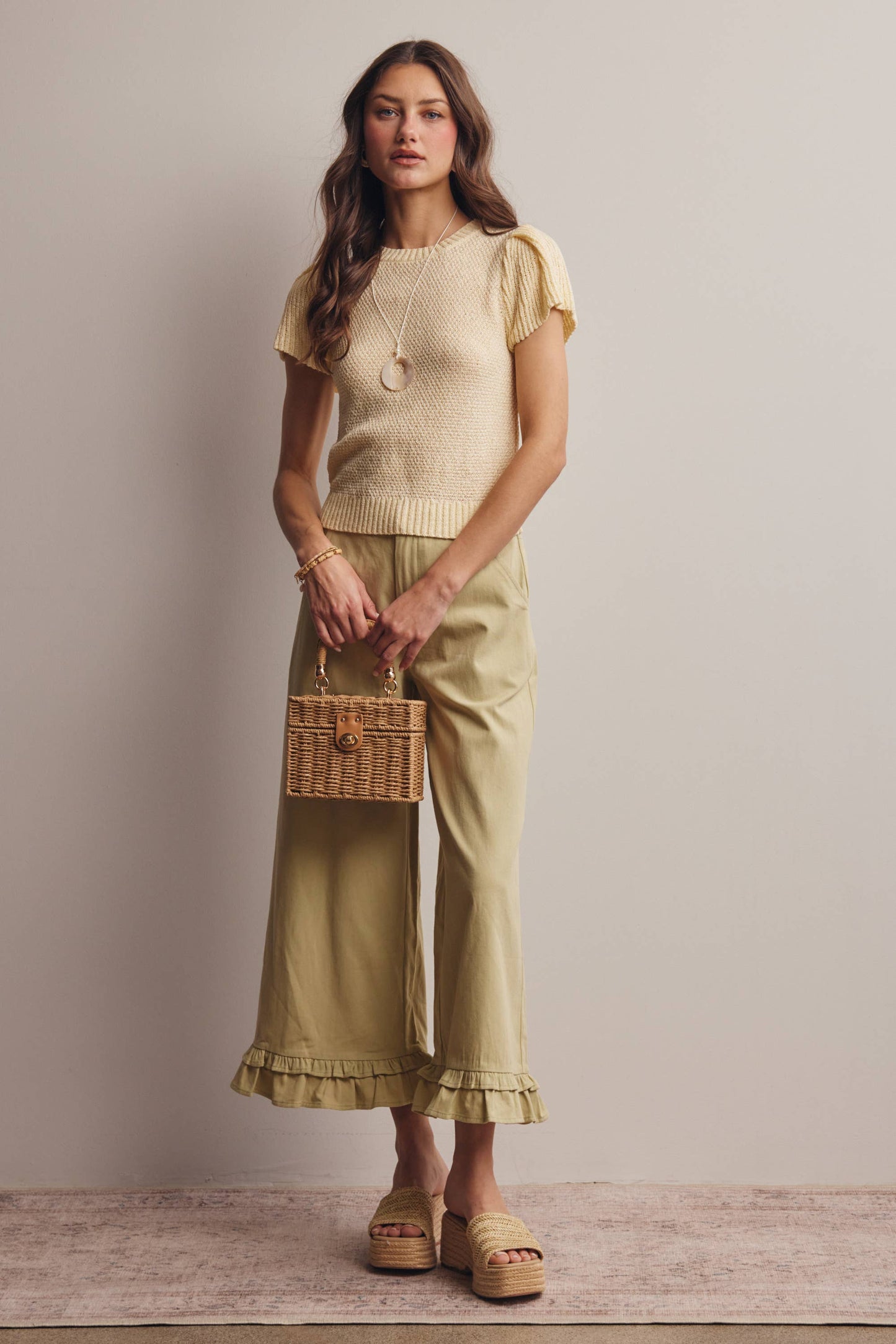 Ruffle Hem Wide-Leg Pants