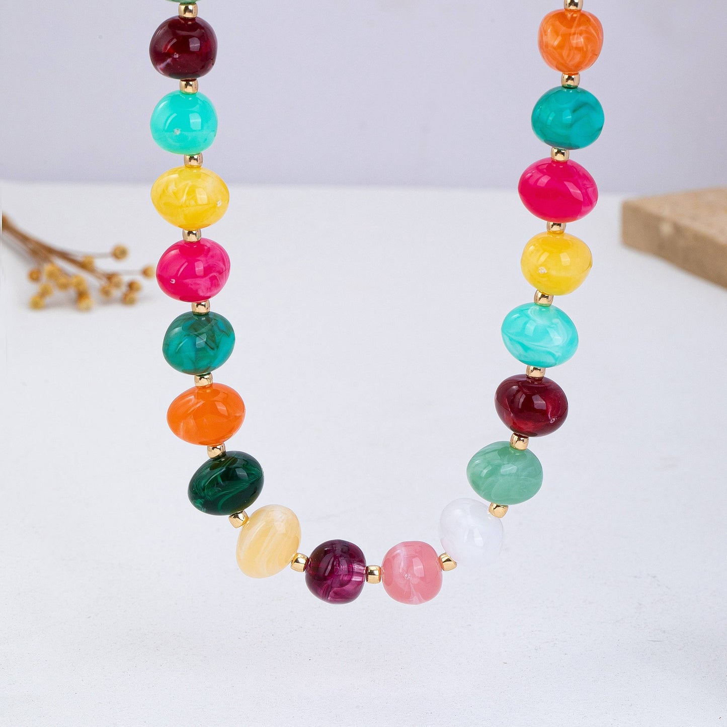 Multi Colored Resin Pebble Beaded Necklace | 80N93363