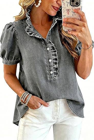 Women's Short Sleeve Button-Up Ruffle Neck Denim Top