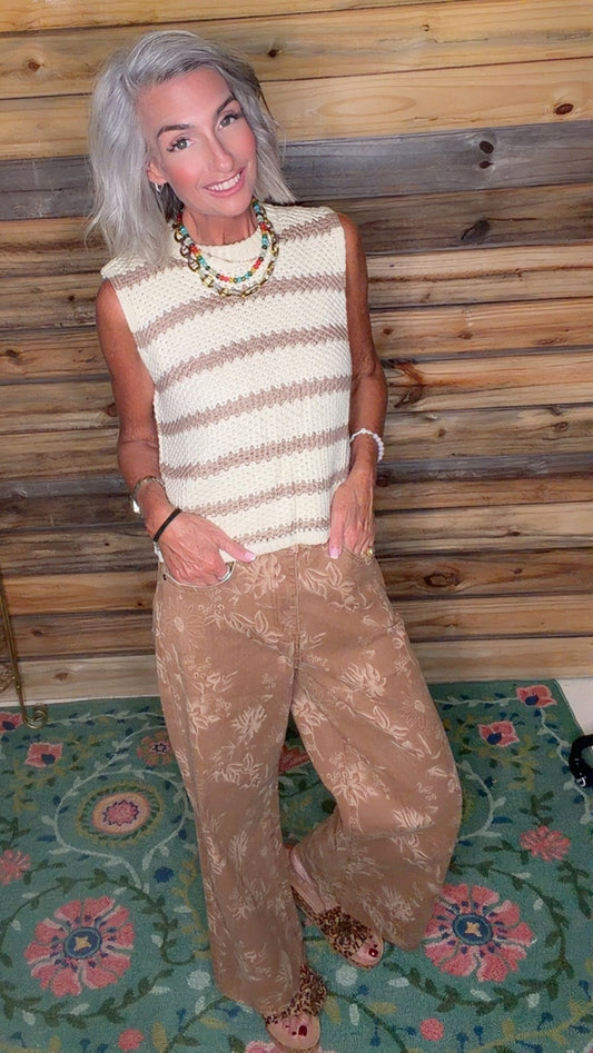 Floral Straight Leg Washed Denim Span Ankle Pants