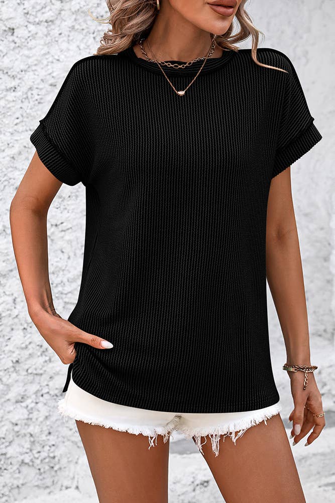 Ribbed Knitting Stitching Outside Round Neck Top MD121