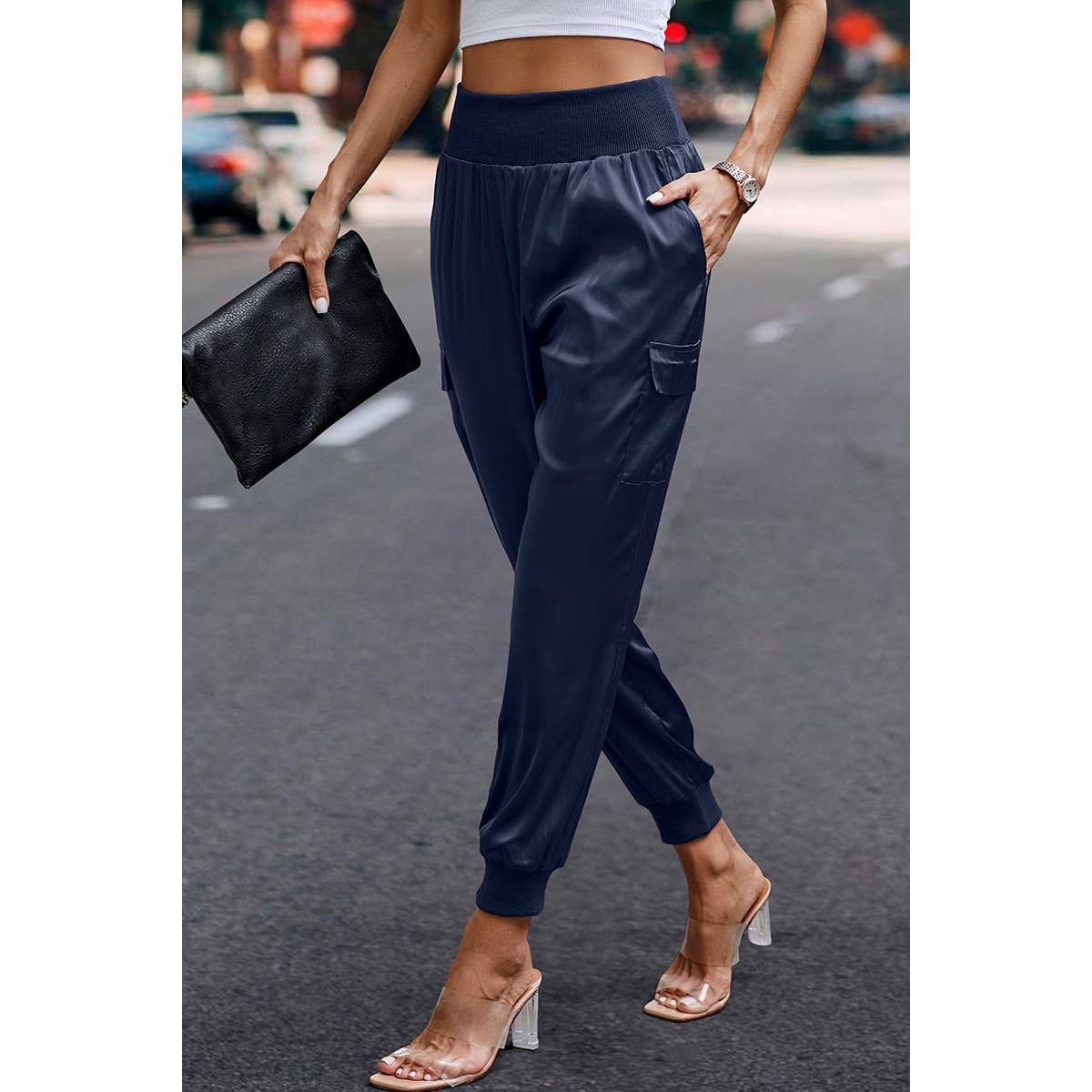 Elastic High Waist Sweatpants Sporty Pocket Pants